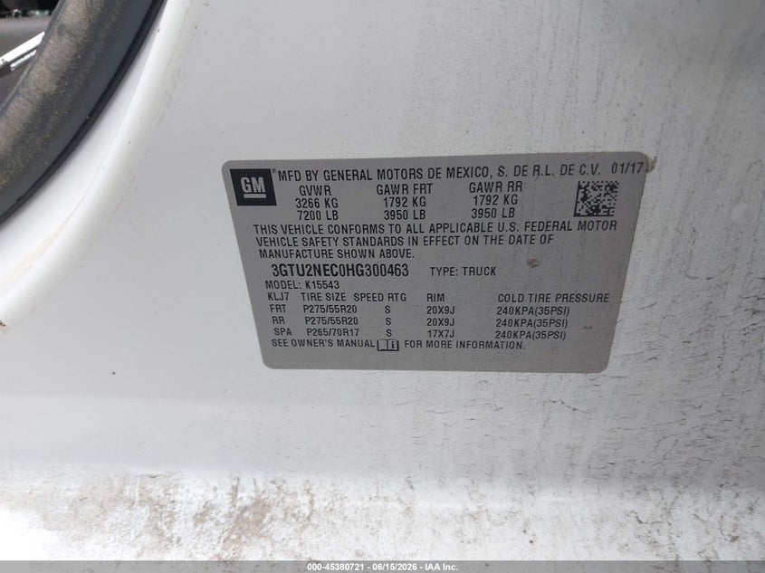 2017 Gmc SIERRA VIN 3GTU2NEC0HG300463 IAAI salvage auction — SIDE, Salvage (North Carolina), sold $2,800 on 2026-07-10 (photo 9)