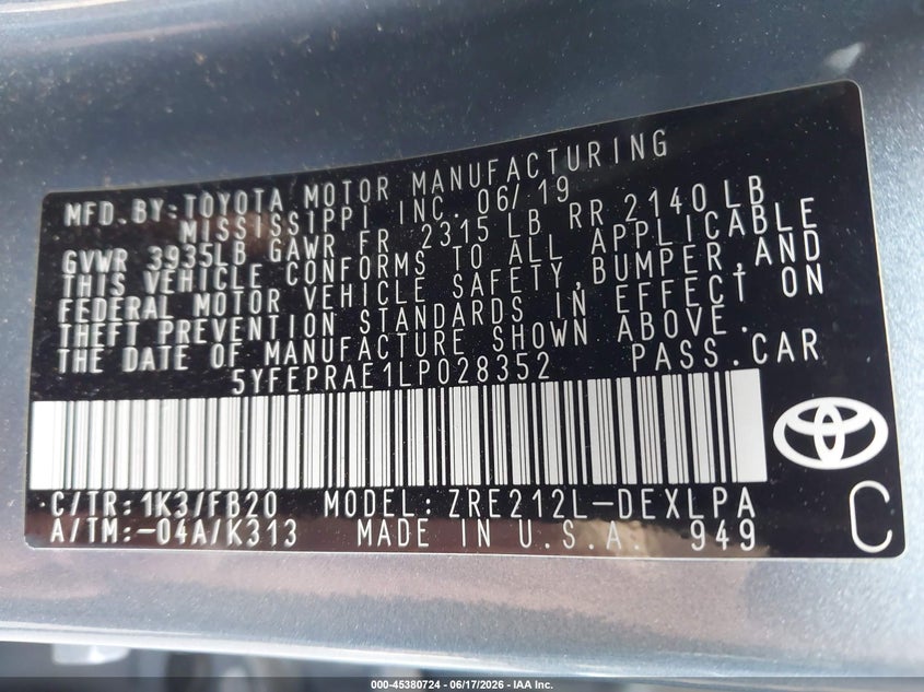 2020 Toyota Corolla VIN 5YFEPRAE1LP028352 IAAI salvage auction — FRONT END, Salvage Title, sold $2,350 on 2026-07-26 (photo 9)