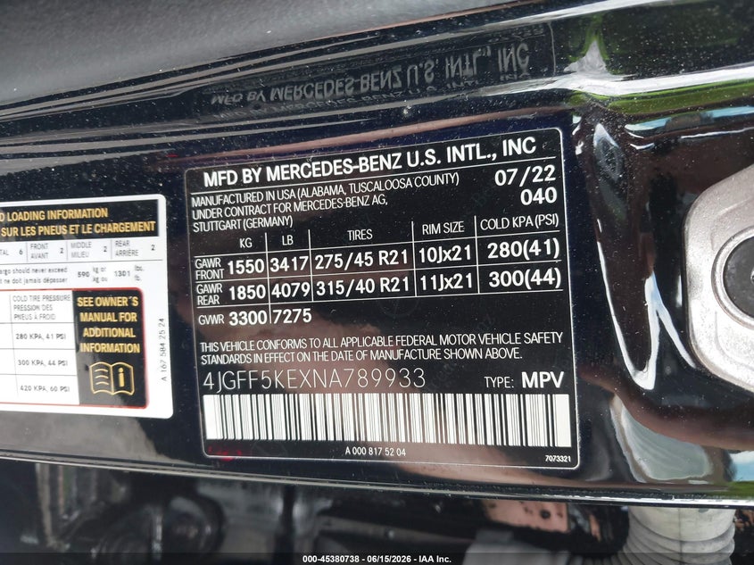 2022 Mercedes-benz Gls-klasse VIN 4JGFF5KEXNA789933 IAAI salvage auction — REAR END, Salvage Title, sold $30,850 on 2026-08-26 (photo 9)