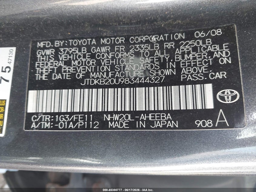 2008 Toyota Prius VIN JTDKB20U983444327 IAAI salvage auction — REAR END, Salvage (Massachusetts), sold $475 on 2026-07-24 (photo 9)