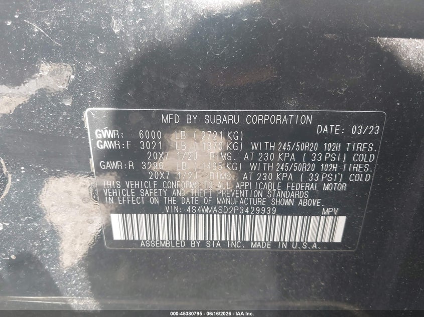 2023 Subaru Ascent VIN 4S4WMASD2P3429939 IAAI salvage auction — FRONT END, Clear Claim Paid (Wisconsin), sold $7,850 on 2026-07-16 (photo 9)