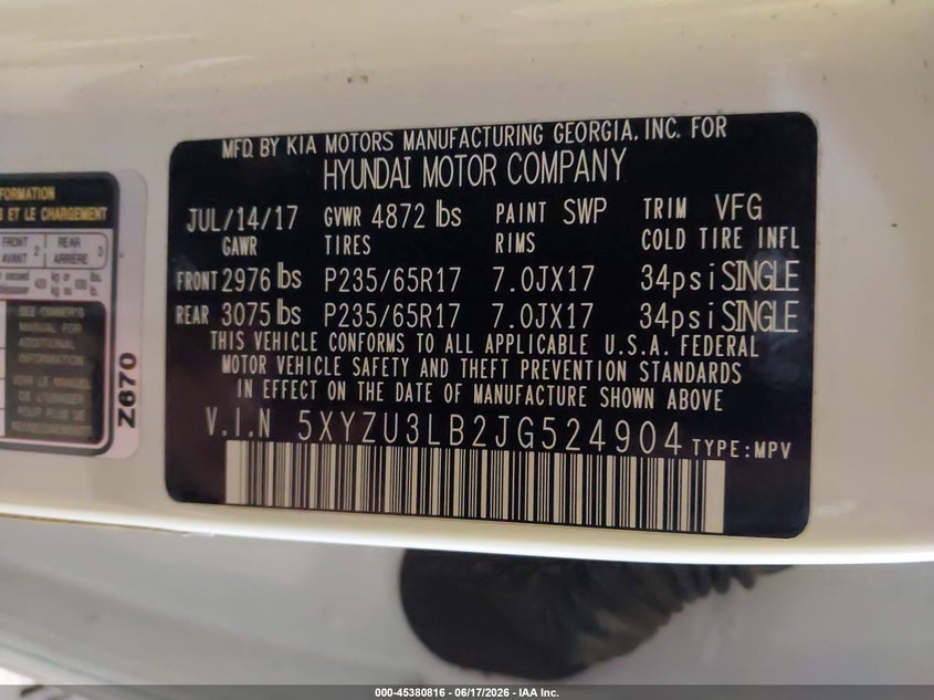 2018 Hyundai Santa fe VIN 5XYZU3LB2JG524904 IAAI salvage auction — HAIL, Clear (Wisconsin), sold $4,300 on 2026-07-23 (photo 9)
