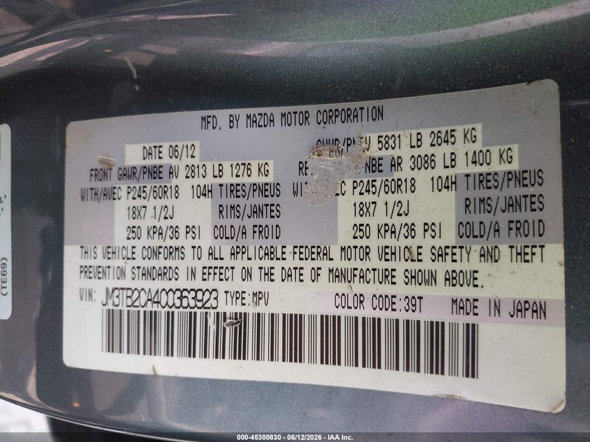 2012 Mazda Cx-9 VIN JM3TB2CA4C0363923 IAAI salvage auction — NORMAL WEAR, Clear (Georgia), sold $775 on 2026-07-29 (photo 9)