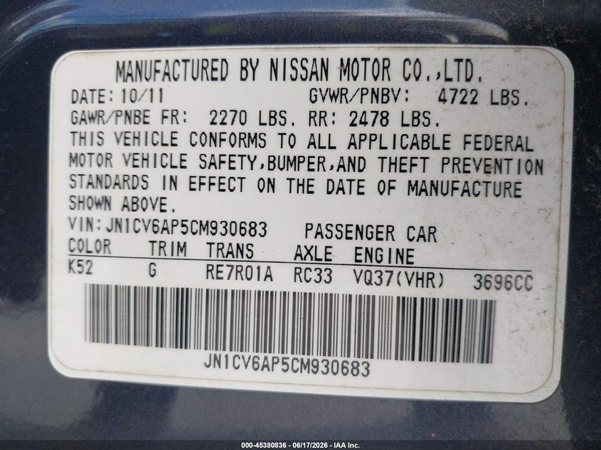 2012 Infiniti G VIN JN1CV6AP5CM930683 IAAI salvage auction — HAIL, Original (Texas), sold $575 on 2026-07-22 (photo 9)