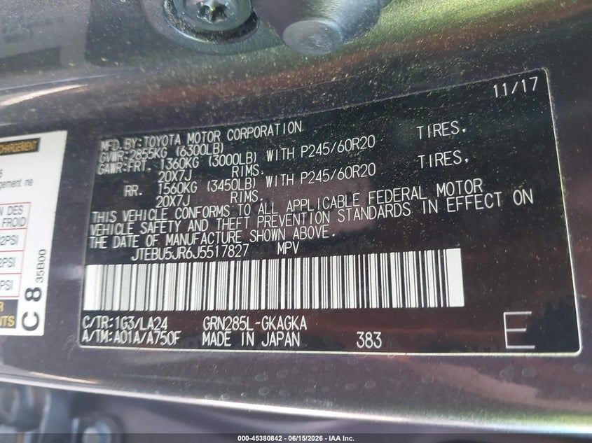 2018 Toyota 4runner VIN JTEBU5JR6J5517827 IAAI salvage auction — LEFT SIDE, Salvage (Missouri), sold $14,950 on 2026-07-22 (photo 9)