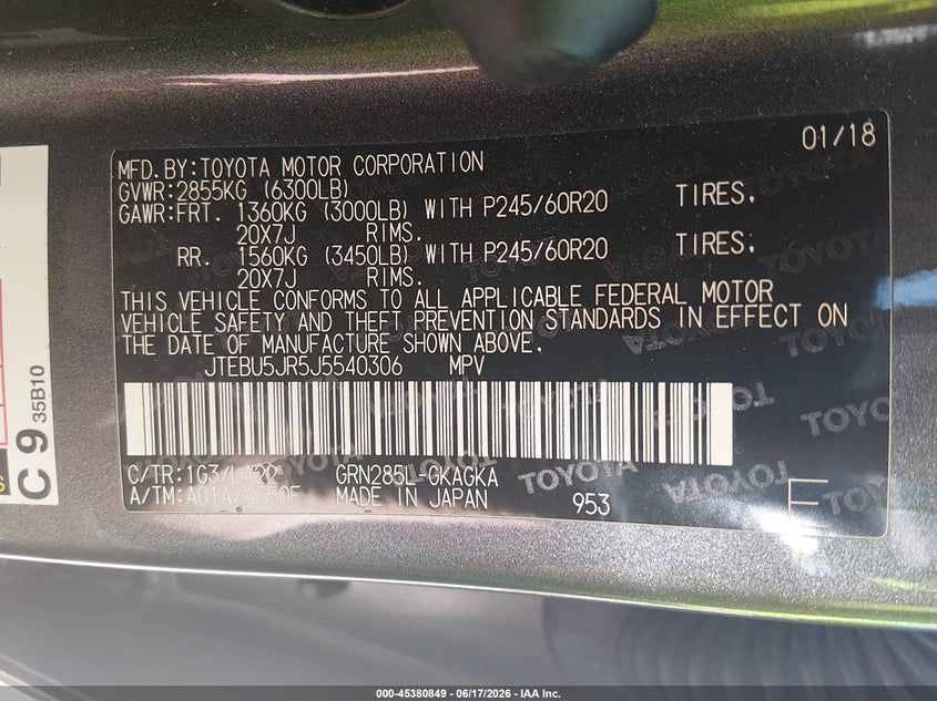 2018 Toyota 4runner VIN JTEBU5JR5J5540306 IAAI salvage auction — SIDE, Salvage (Tennessee), sold $15,200 on 2026-07-09 (photo 9)