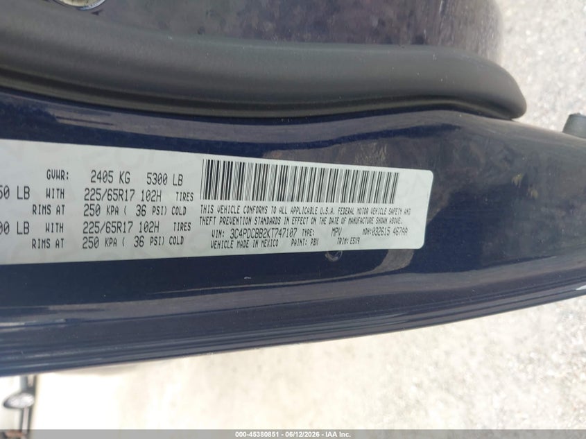 2019 Dodge Journey VIN 3C4PDCBB2KT747107 IAAI salvage auction — NORMAL WEAR, Clear (Virginia), sold $8,800 on 2026-07-25 (photo 9)