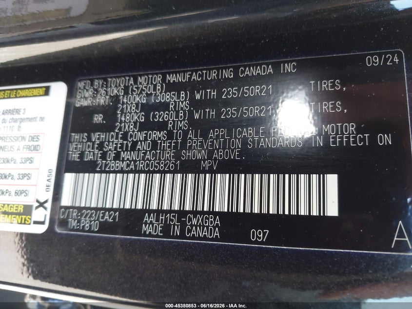 2024 Lexus Rx VIN 2T2BBMCA1RC058261 IAAI salvage auction — ROLLOVER, Salvage Title, sold $3,900 on 2026-07-25 (photo 9)