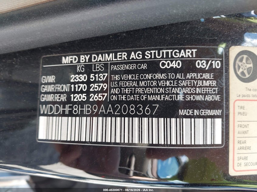 2010 Mercedes-benz E-class VIN WDDHF8HB9AA208367 IAAI salvage auction — FRONT END, Mv-907A (New York), sold $925 on 2026-07-07 (photo 9)