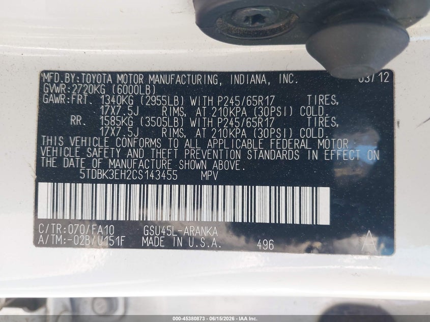 2012 Toyota Highlander VIN 5TDBK3EH2CS143455 IAAI salvage auction — FRONT END, Salvage Title, sold $2,100 on 2026-07-22 (photo 9)
