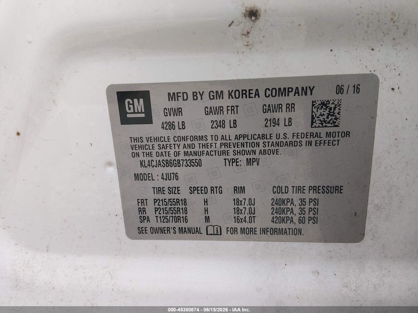 2016 Buick Encore VIN KL4CJASB6GB733550 IAAI salvage auction — LEFT FRONT, Salvage (Ohio), sold $2,550 on 2026-07-08 (photo 9)