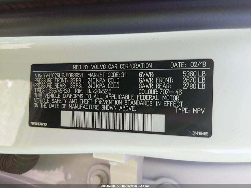 2018 Volvo Xc60 VIN YV4102RL6J1088851 IAAI salvage auction — FRONT END, Salvage Title, sold $9,700 on 2026-08-06 (photo 9)