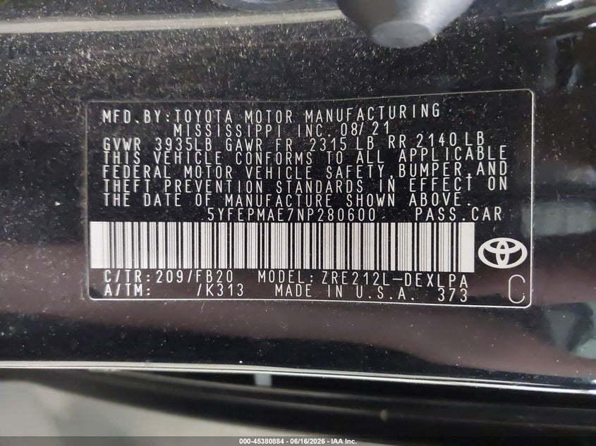 2022 Toyota Corolla VIN 5YFEPMAE7NP280600 IAAI salvage auction — FRONT END, Salvage (Pennsylvania), sold $2,850 on 2026-07-30 (photo 9)