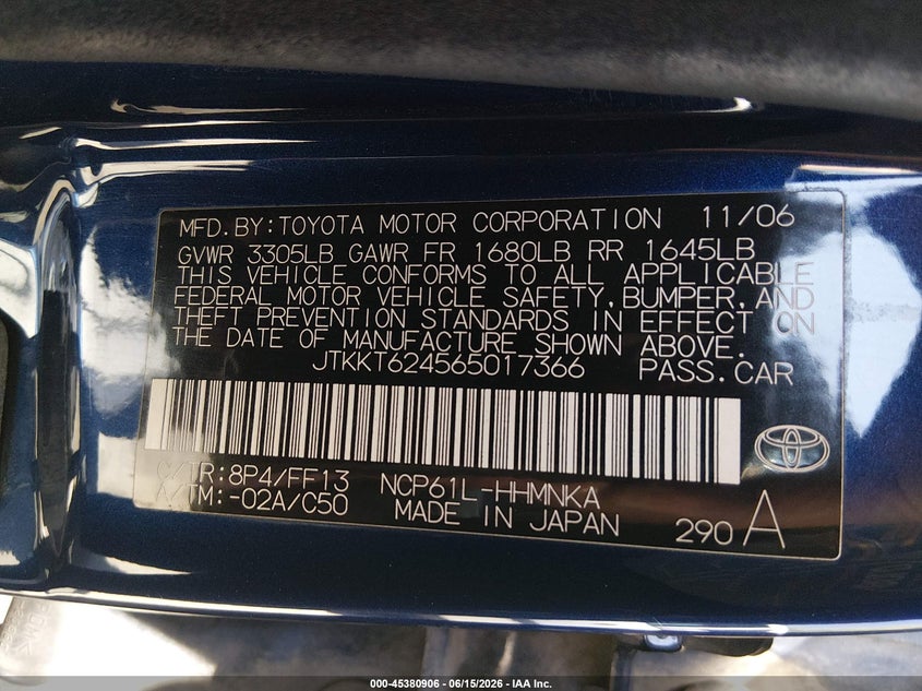 2006 Scion Xa VIN JTKKT624565017366 IAAI salvage auction — LEFT SIDE, Salvage (Utah), sold $350 on 2026-07-23 (photo 9)