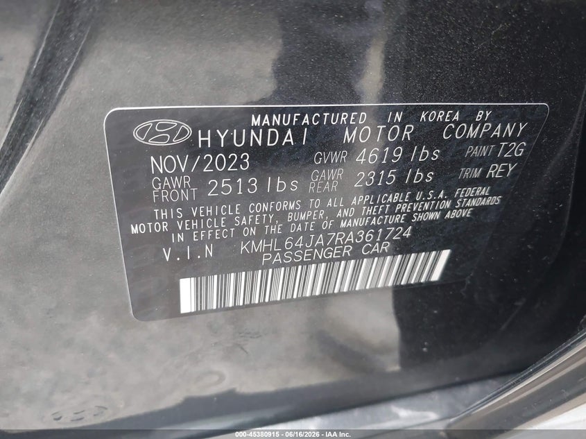 2024 Hyundai Sonata VIN KMHL64JA7RA361724 IAAI salvage auction — FRONT END, Bill Of Sale (Washington), sold $3,550 on 2026-07-29 (photo 9)