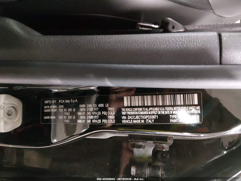 2016 Jeep Renegade VIN ZACCJBCT0GPD33671 IAAI salvage auction — HAIL, Salvage (Iowa), sold $2,225 on 2026-07-28 (photo 9)