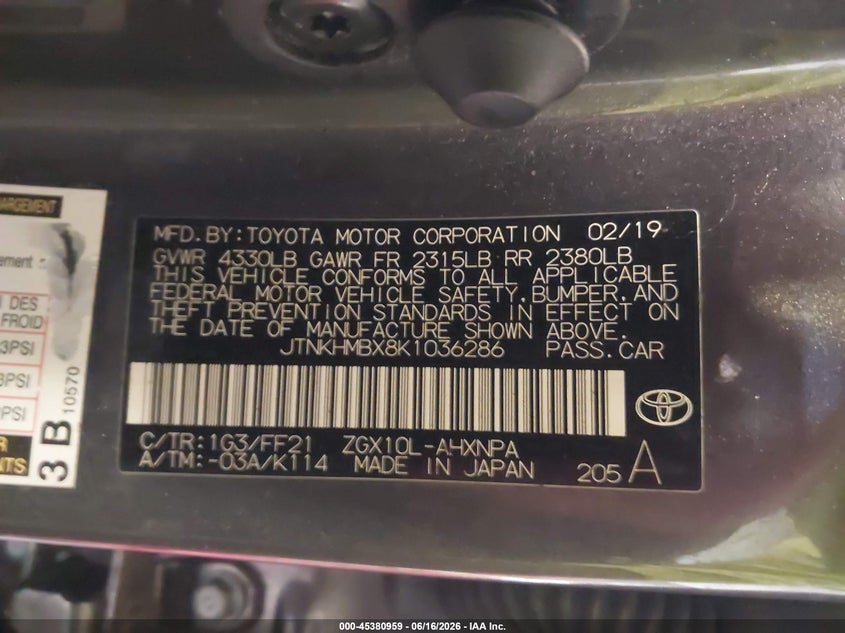 2019 Toyota C-hr VIN JTNKHMBX8K1036286 IAAI salvage auction — REAR END, Salvage (Texas), sold $5,900 on 2026-07-29 (photo 9)