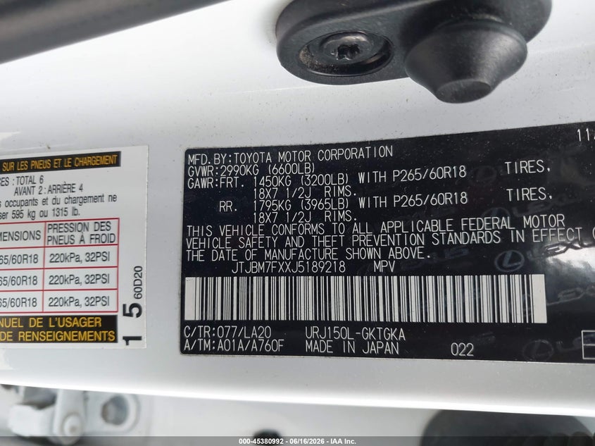 2018 Lexus Gx VIN JTJBM7FXXJ5189218 IAAI salvage auction — HAIL, Original (Texas), sold $22,350 on 2026-07-21 (photo 9)