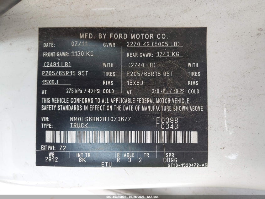2011 Ford Transit connect VIN NM0LS6BN2BT073677 IAAI salvage auction — NORMAL WEAR, Clear-Endorsement (Wisconsin), sold $250 on 2026-07-29 (photo 9)