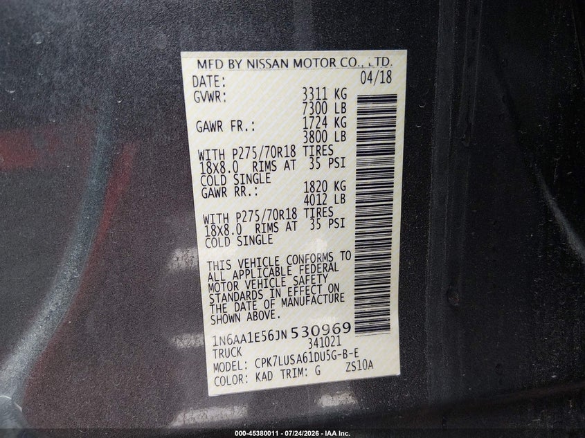 2018 Nissan TITAN VIN 1N6AA1E56JN530969 IAAI salvage auction — RIGHT FRONT, Salvage (Illinois), sold $2,450 on 2026-08-27 (photo 9)