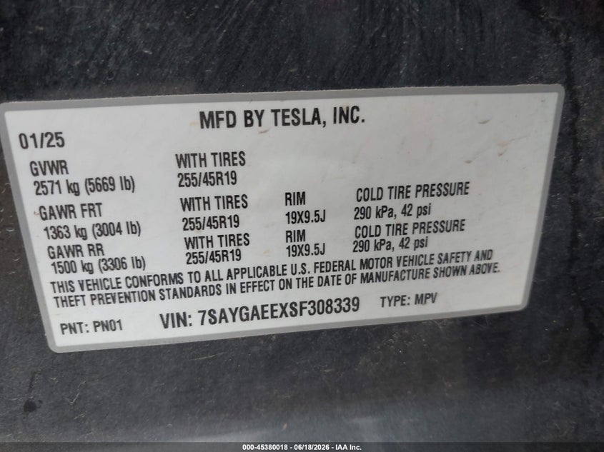 2025 Tesla Model y VIN 7SAYGAEEXSF308339 IAAI salvage auction — FRONT END, Salvage Title, sold $13,500 on 2026-09-11 (photo 9)