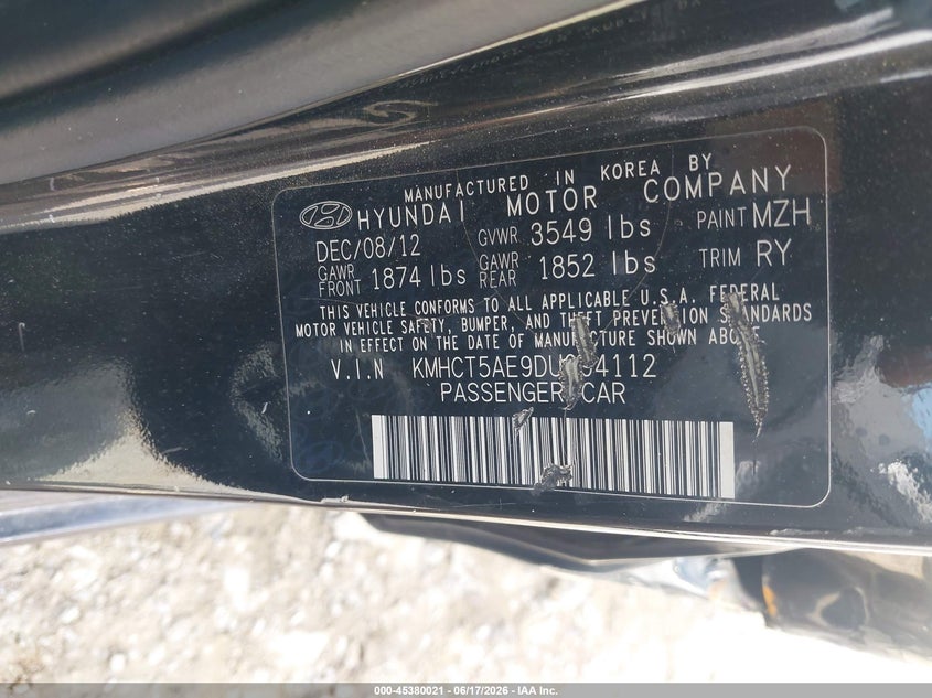 2013 Hyundai Accent VIN KMHCT5AE9DU094112 IAAI salvage auction — LEFT SIDE, Salvage (Georgia), sold $500 on 2026-07-14 (photo 9)