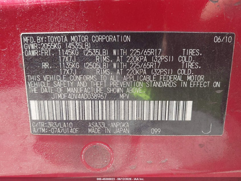2010 Toyota Rav4 VIN JTMDF4DV4AD038967 IAAI salvage auction — FRONT END, Clear (Florida), sold $1,350 on 2026-07-23 (photo 9)