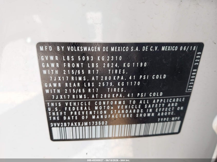 2018 Volkswagen Tiguan VIN 3VV2B7AXXJM173502 IAAI salvage auction — LEFT SIDE, Clear (Michigan), sold $5,250 on 2026-08-03 (photo 9)