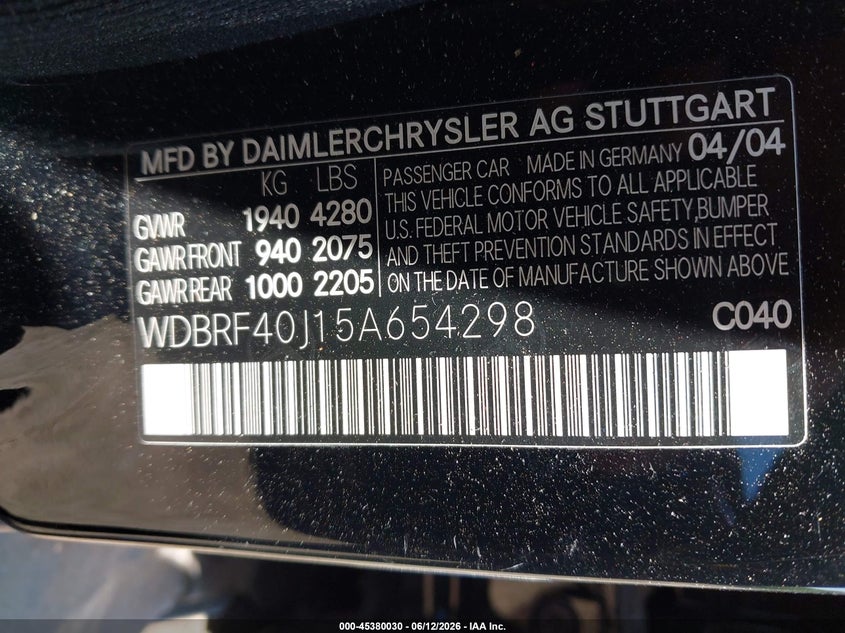 2005 Mercedes-benz C-klasse VIN WDBRF40J15A654298 IAAI salvage auction — NORMAL WEAR, Clear (Florida), sold $650 on 2026-07-23 (photo 9)