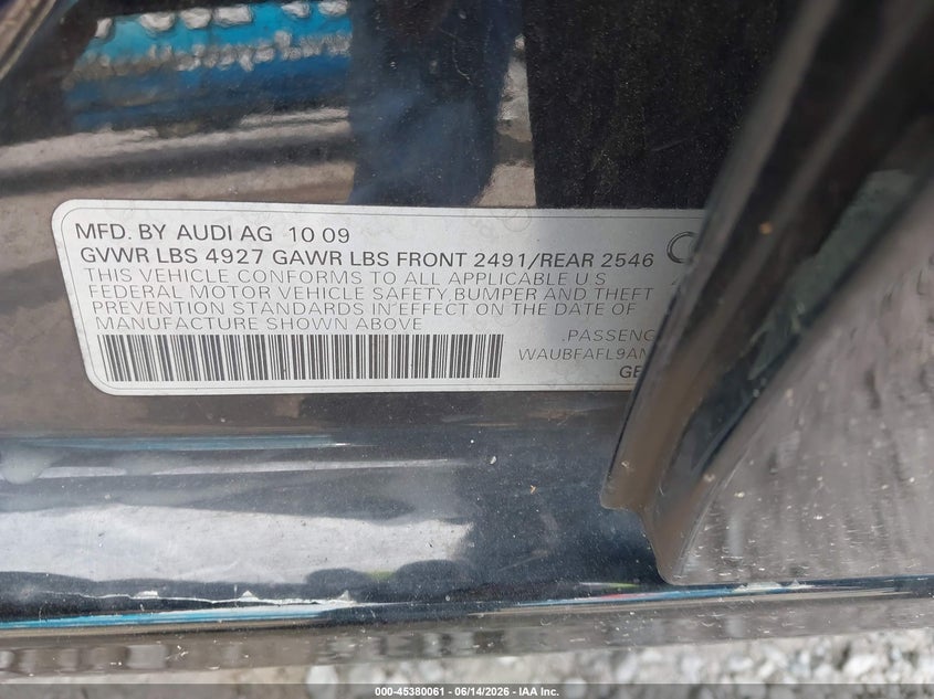 2010 Audi A4 VIN WAUBFAFL9AN029643 IAAI salvage auction — REAR END, Salvage (Kentucky), sold $775 on 2026-07-29 (photo 9)