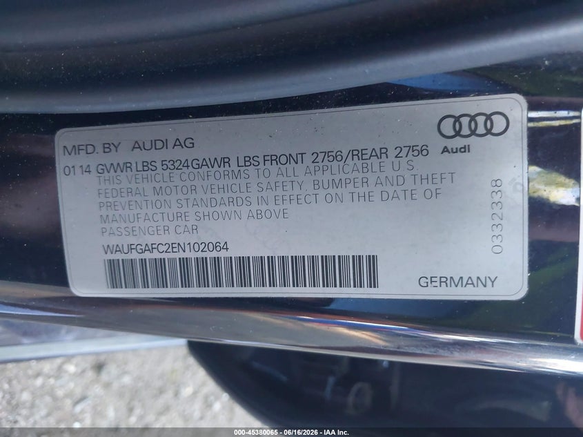 2014 Audi A6 VIN WAUFGAFC2EN102064 IAAI salvage auction — UNDERCARRIAGE, Mv-907A (New York), sold $775 on 2026-07-07 (photo 9)