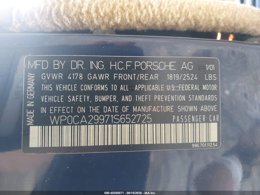 2001 Porsche 911 VIN WP0CA29971S652725 IAAI salvage auction — LEFT SIDE, Salvage - Greater Than 75% (Maryland), sold $7,200 on 2026-08-18 (photo 9)