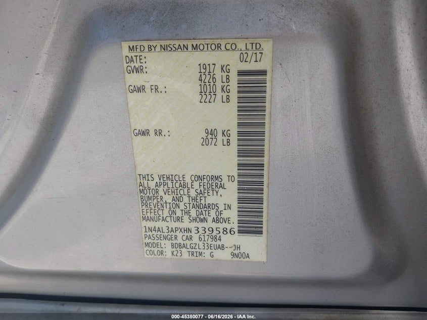 2017 Nissan Altima VIN 1N4AL3APXHN339586 IAAI salvage auction — LEFT FRONT, Clear (Arkansas), sold $1,750 on 2026-07-25 (photo 9)