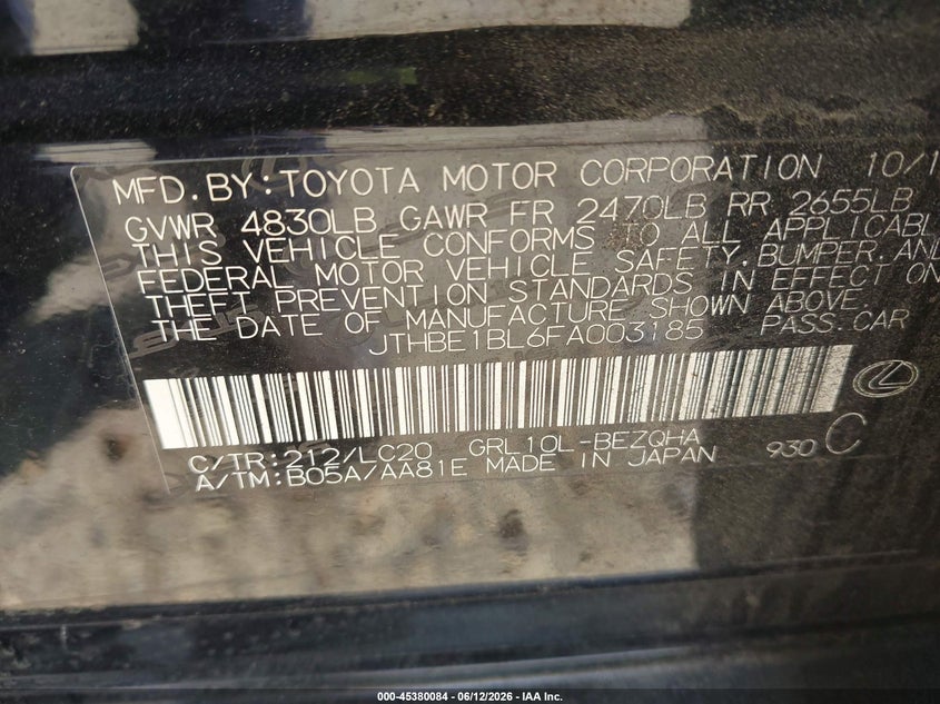 2015 Lexus Gs VIN JTHBE1BL6FA003185 IAAI salvage auction — FRONT END, Salvage (Georgia), sold $1,100 on 2026-07-30 (photo 9)