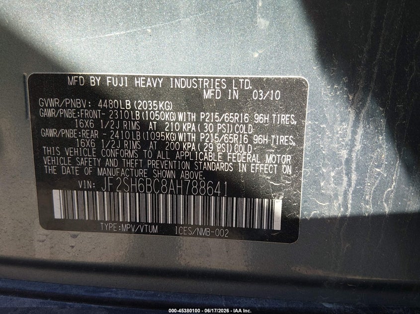 2010 Subaru Forester VIN JF2SH6BC8AH788641 IAAI salvage auction — NORMAL WEAR, Original (Vermont), sold $225 on 2026-07-16 (photo 9)