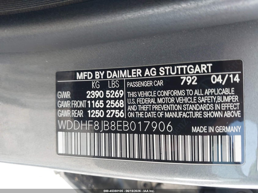 2014 Mercedes-benz E-klasse VIN WDDHF8JB8EB017906 IAAI salvage auction — LEFT FRONT, Salvage (Georgia), sold $2,750 on 2026-07-20 (photo 9)