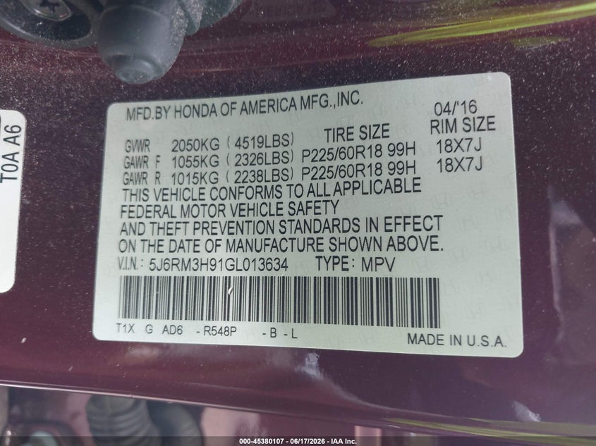 2016 Honda Cr-v VIN 5J6RM3H91GL013634 IAAI salvage auction — FRONT END, Salvage (South Carolina), sold $4,350 on 2026-07-19 (photo 9)