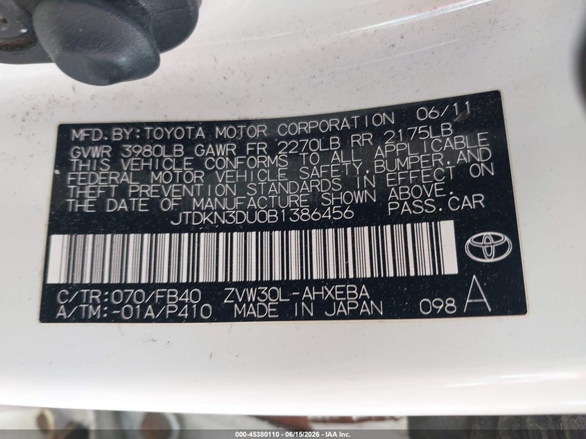 2011 Toyota Prius VIN JTDKN3DU0B1386456 IAAI salvage auction — SIDE, Salvage (Massachusetts), sold $1,250 on 2026-07-24 (photo 9)