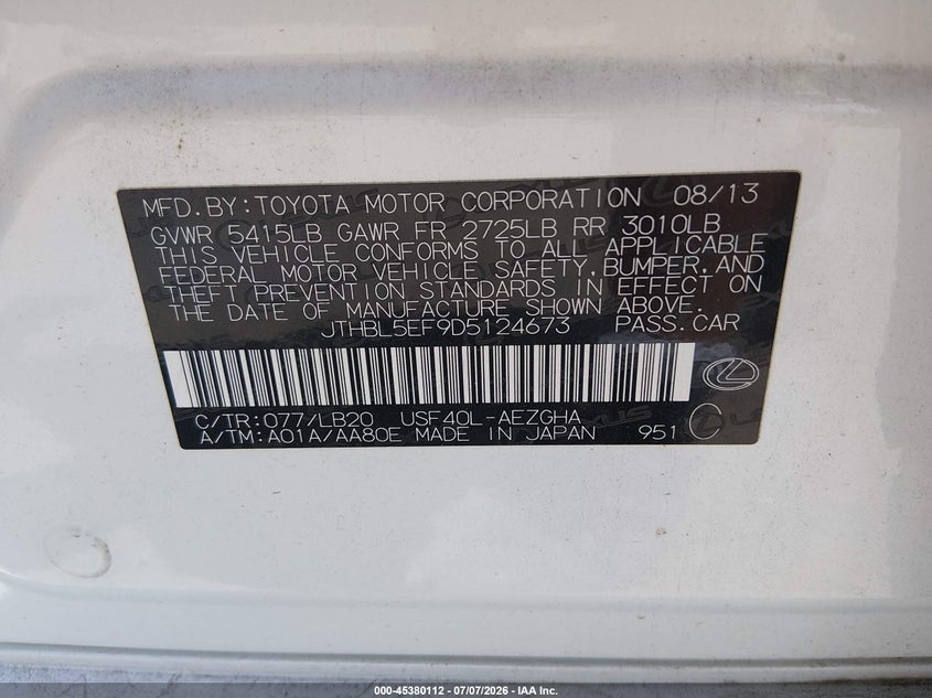 2013 Lexus Ls VIN JTHBL5EF9D5124673 IAAI salvage auction — REAR END, Original (Texas), sold $7,025 on 2026-08-19 (photo 9)