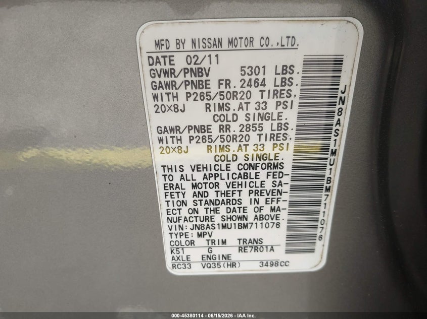 2011 Infiniti Fx35 VIN JN8AS1MU1BM711076 IAAI salvage auction — FRONT END, Rebuildable (Florida), sold $450 on 2026-07-09 (photo 9)