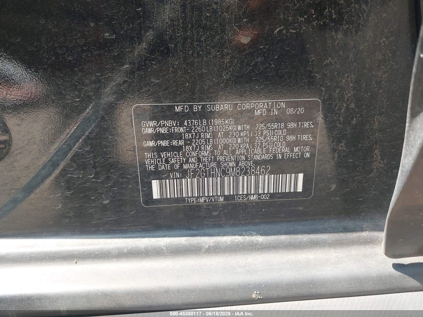 2021 Subaru Xv VIN JF2GTHNC9M8238462 IAAI salvage auction — RIGHT SIDE, Original (Texas), sold $4,150 on 2026-07-22 (photo 9)