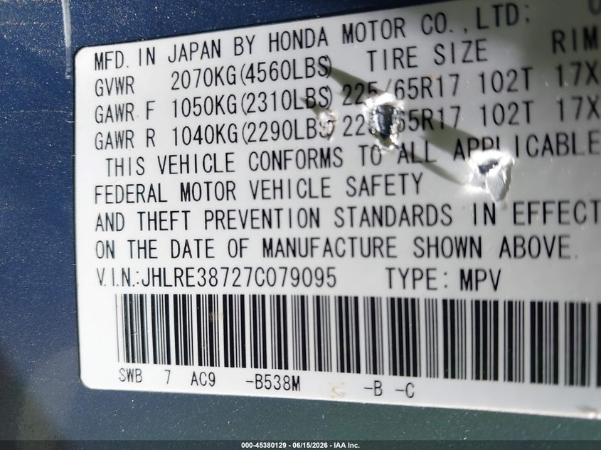 2007 Honda Cr-v VIN JHLRE38727C079095 IAAI salvage auction — FRONT END, Salvage (North Carolina), sold $425 on 2026-07-16 (photo 9)