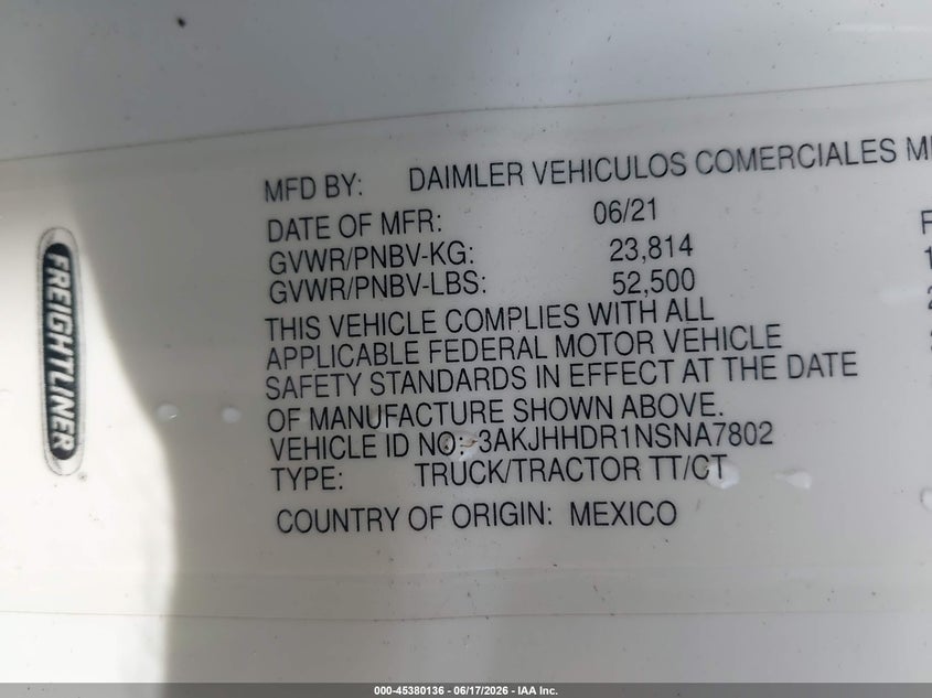 2022 Freightliner New cascadia 126 VIN 3AKJHHDR1NSNA7802 IAAI salvage auction — ROLLOVER, Salvage (Indiana), sold $27,250 on 2026-09-16 (photo 9)