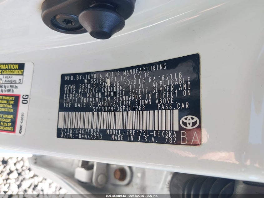 2016 Toyota Corolla VIN 5YFBURHE3GP461288 IAAI salvage auction — NORMAL WEAR, Clear (New York), sold $2,600 on 2026-07-07 (photo 9)