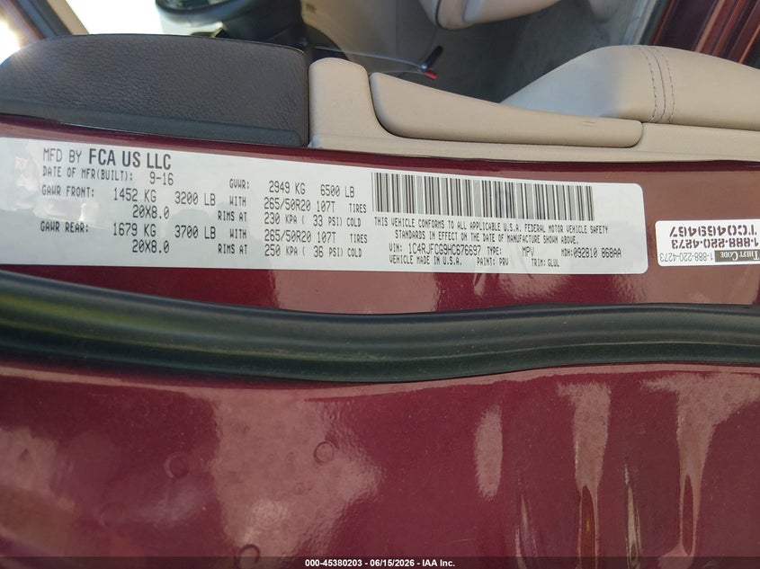 2017 Jeep Grand cherokee VIN 1C4RJFCG9HC676697 IAAI salvage auction — FRONT END, Salvage Title, sold $3,500 on 2026-07-22 (photo 9)