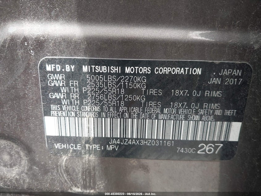 2017 Mitsubishi Outlander VIN JA4JZ4AX3HZ031161 IAAI salvage auction — FRONT END, Salvage (Ohio), sold $2,425 on 2026-08-19 (photo 9)