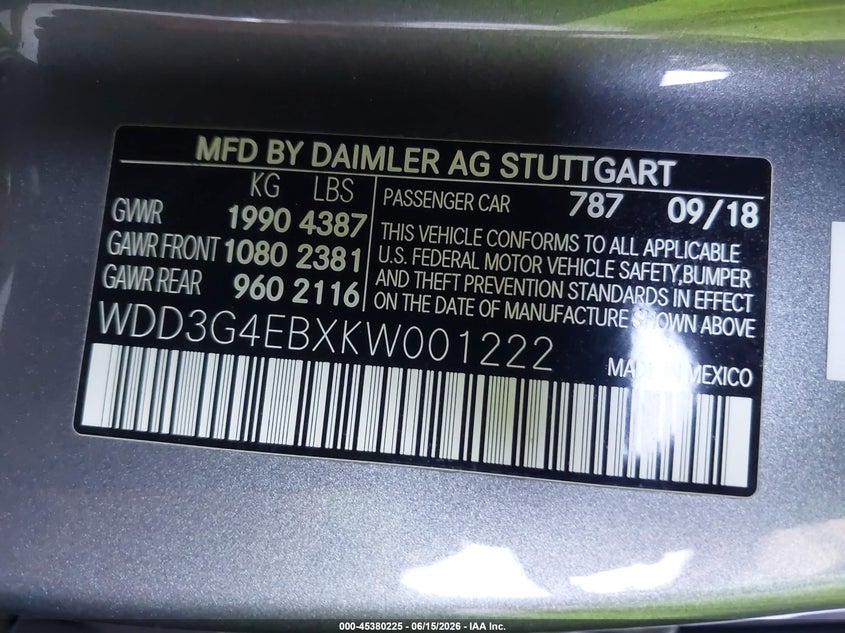 2019 Mercedes-benz A-klasse VIN WDD3G4EBXKW001222 IAAI salvage auction — RIGHT FRONT, Salvage Title, sold $8,300 on 2026-07-21 (photo 9)