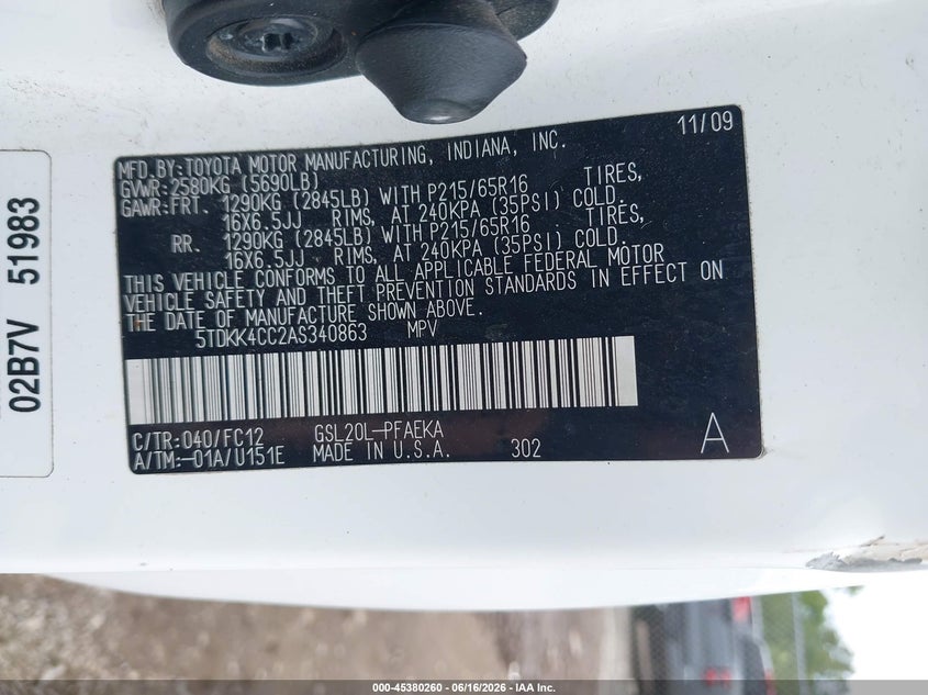 2010 Toyota Sienna VIN 5TDKK4CC2AS340863 IAAI salvage auction — RIGHT SIDE, Clear (Indiana), sold $650 on 2026-07-14 (photo 9)