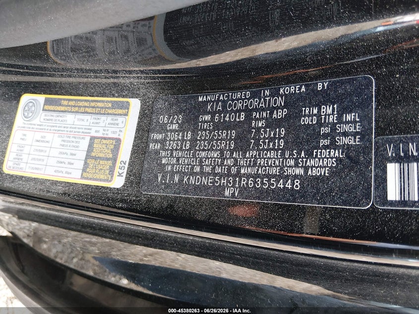 2024 Kia Carnival VIN KNDNE5H31R6355448 IAAI salvage auction — REAR END, Salvage (New Jersey), sold $7,400 on 2026-07-29 (photo 9)