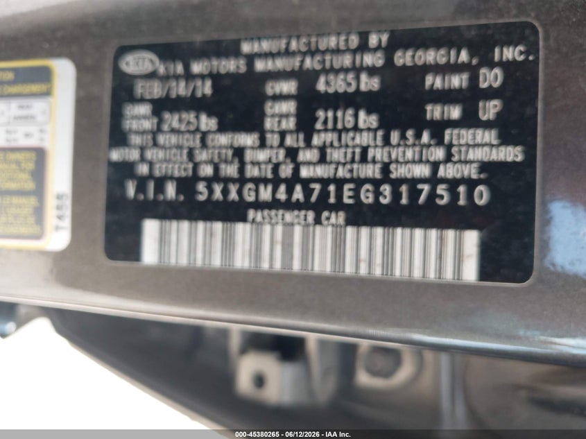 2014 Kia Optima VIN 5XXGM4A71EG317510 IAAI salvage auction — NORMAL WEAR, Clear (North Carolina), sold $1,175 on 2026-07-10 (photo 9)